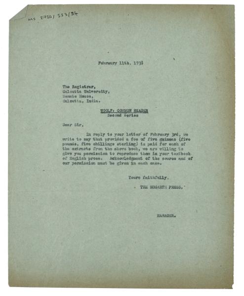Letter from Hogarth Press to Calcutta University (11 Feb 1938)