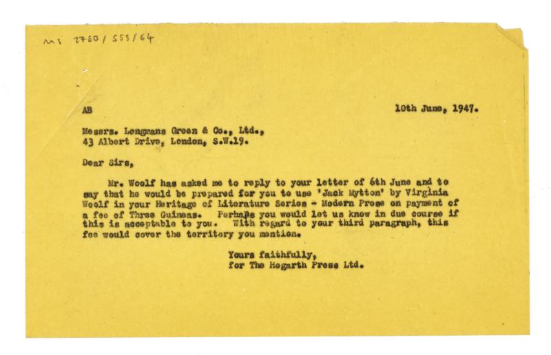 Letter from The Hogarth Press to Longmans Green & Co., Ltd. (06 Oct 1947)