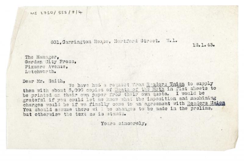 Image of typescript letter from John Lehmann to the Garden City Press (12/01/1943) page 1 of 1