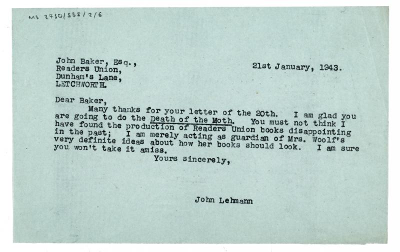 Image of typescript letter from John Lehmann to the Readers Union (21/01/1943) page 1 of 1