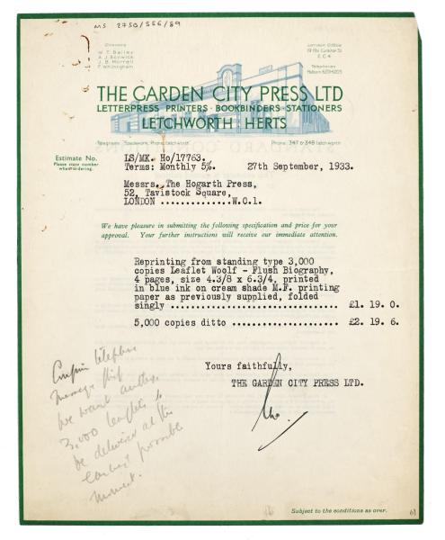 Estimate from The Garden City Press Ltd to The Hogarth Press (27/09/1933)