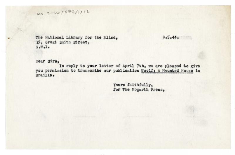 Image of tyoescript letter from The Hogarth Press to The National Library for the Blind (09/05/1944) page 1 of 1