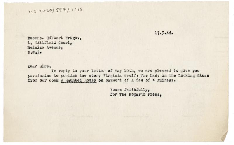 Image of typescript letter from The Hogarth Press to Gilbert Wright Ltd. (17/05/1944) pafe 1 of 1