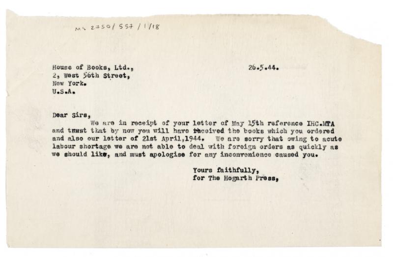 Image of tyoescript letter from The Hogarth Press to House of Books Ltd. (26/05/1944) page 1 of 1