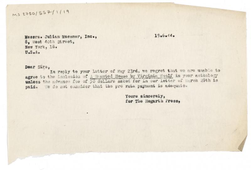 Image of typescript letter from The Hogarth Press to Julian Messner Inc. (19/06/1944) page 1 of 1