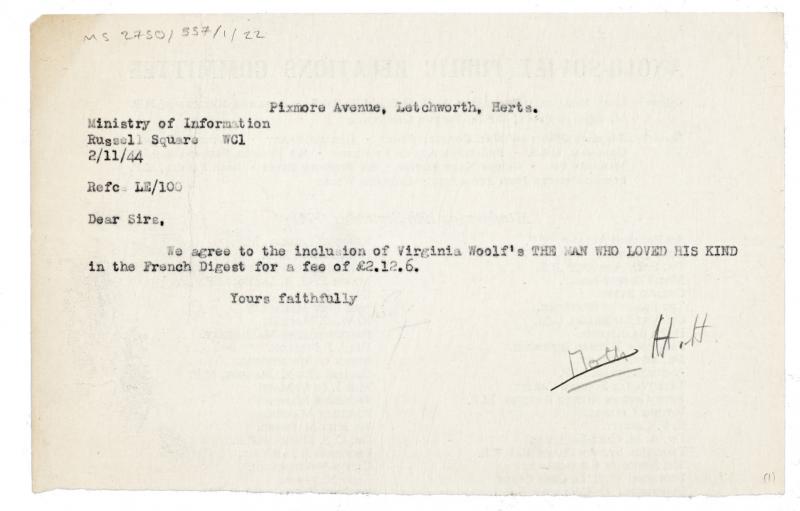 Image of tyoescript letter from The Hogarth Press to Ministry of Information (02/11/1944) page 1 of 2