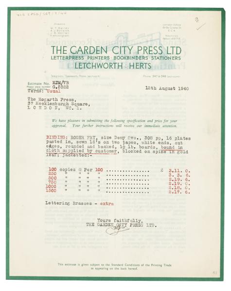 Image of a Letter from The Garden City Press to The Hogarth Press (12/08/1940)