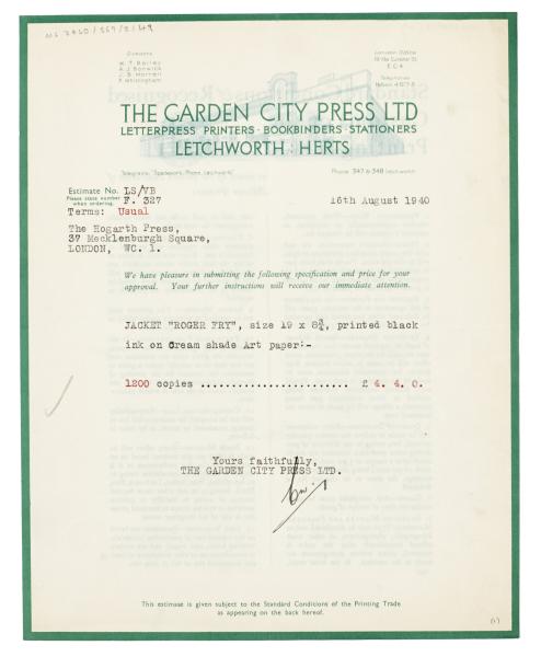 Image of a Letter from The Garden City Press to The Hogarth Press (16/08/1940)