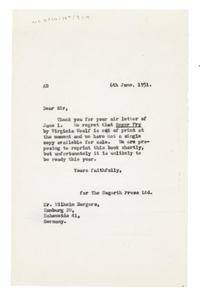 Image of a Letter from The Hogarth Press to Wilhelm Borgers (06/06/1951)
