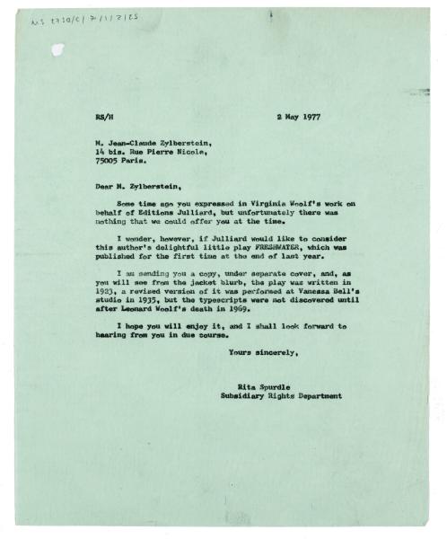 Letter from Rita Spurdle at The Hogarth Press to Jean-Claude Zylberstein (02/05/1977)