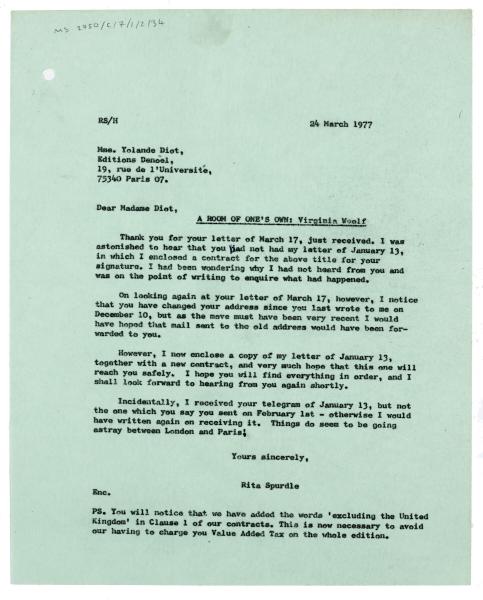 Letter from Rita Spurdle at The Hogarth Press to Yolande Diot at Éditions Denoël (24/03/1977)