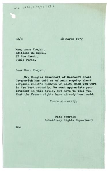 Letter from Rita Spurdle at The Hogarth Press to Anne Frejer at Edition du Seuil (18/03/1977)