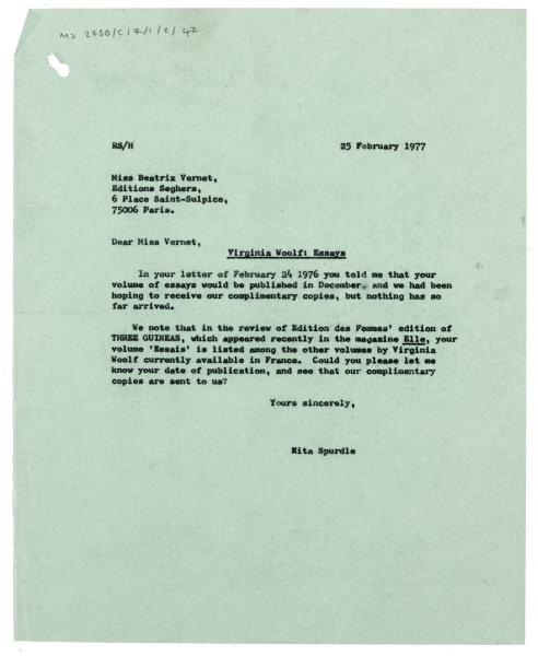 Letter from Rita Spurdle at The Hogarth Press to Béatrix Vernet at Éditions Seghers (25/02/1977)