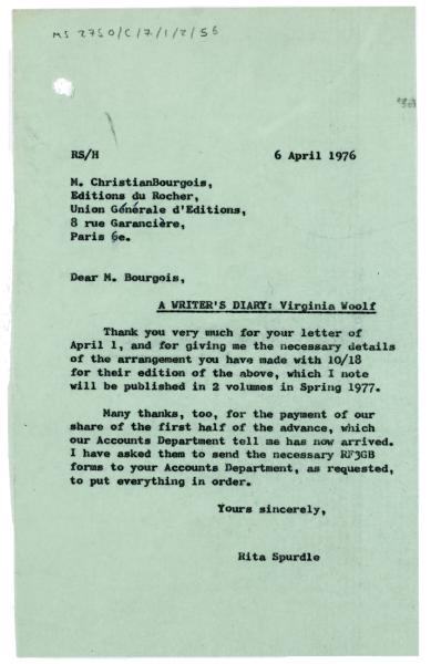 Letter from Rita Spurdle at The Hogarth Press to Christian Bourgois at Éditions du Rocher (06/04/1976)