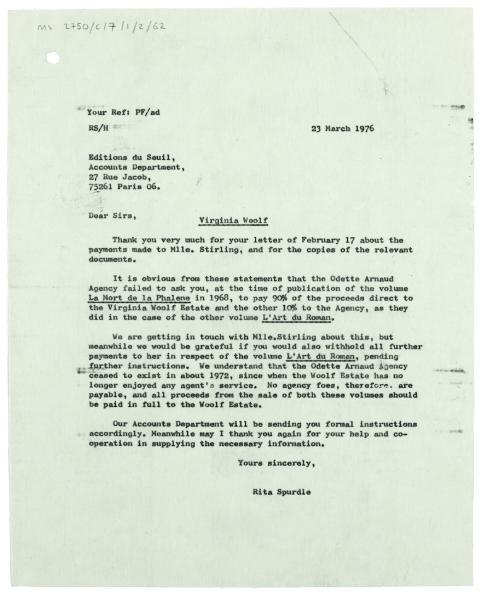 Letter from Rita Spurdle at The Hogarth Press to Éditions du Seuil Accounts Dept. (23/03/1976)