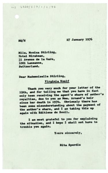 Letter from Rita Spurdle at The Hogarth Press to Monica Stirling (27/01/1976)