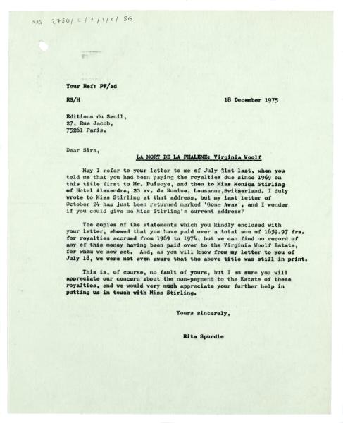 Letter from Rita Spurdle at The Hogarth Press to Éditions du Seuil (18/12/1975)