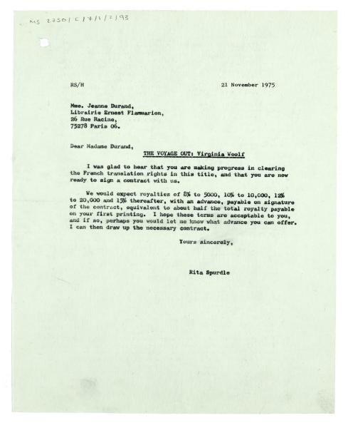 Letter from Rita Spurdle at The Hogarth Press to Jeanne Durand at Librairie Ernest Flammarion (21/11/1975)