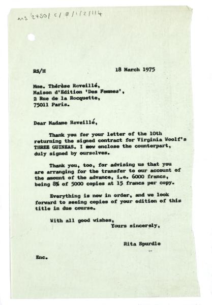 Letter from Rita Spurdle at The Hogarth Press to Thérèse Reveillé at Maison d'Éditions des Femmes (18/03/1975)