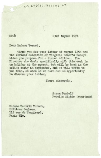 Letter from Susan Daniell at The Hogarth Press to Béatrix Vernet at Éditions Seghers (23/08/1971)