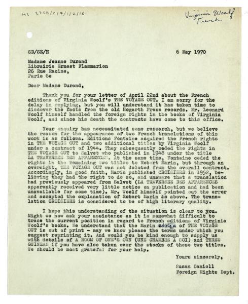 Letter from Susan Daniell at The Hogarth Press to Jeanne Durand at Librarie Ernest Flammarion (06/05/1970)