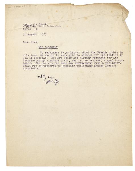 Image of a Letter from Leonard Woolf at The Hogarth Press to Librairie Stock (30/08/1927)