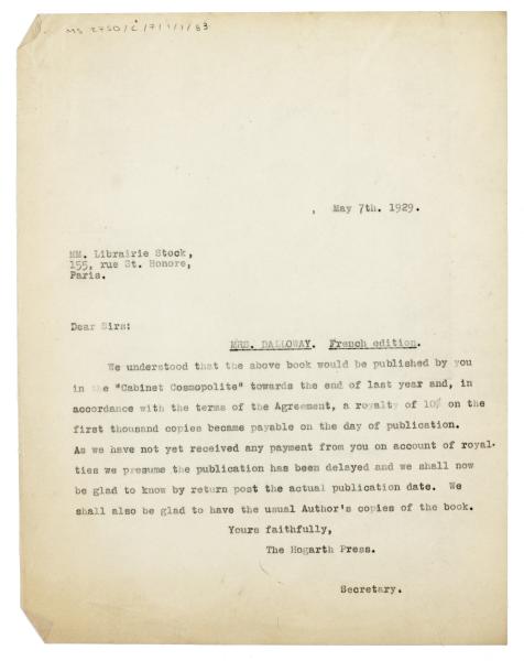 Image of a Letter from The Hogarth Press to Librairie Stock (07/05/1929)