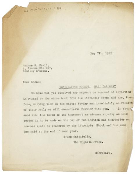 Image of a Letter from The Hogarth Press to Simone David (07/05/1929)