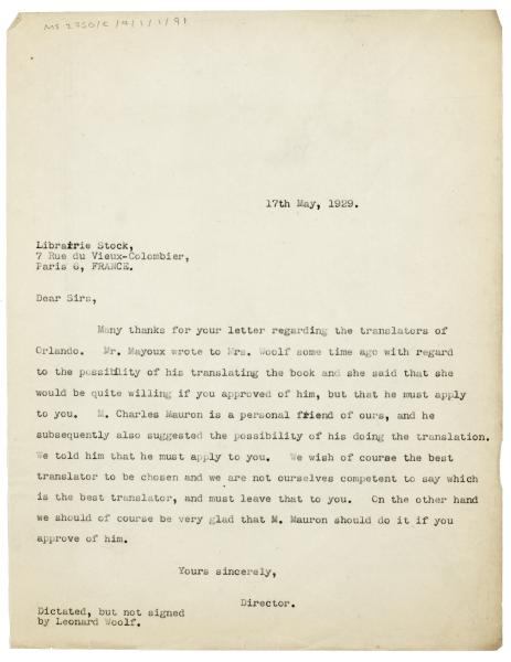 Image of a Letter from Leonard Woolf at The Hogarth Press to Librairie Stock (17/05/1929)
