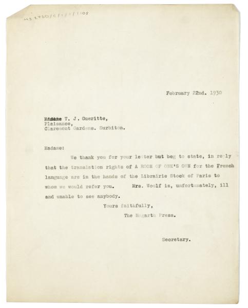 Image of a Letter from The Hogarth Press to T. J. Gueritte (22/02/1930)