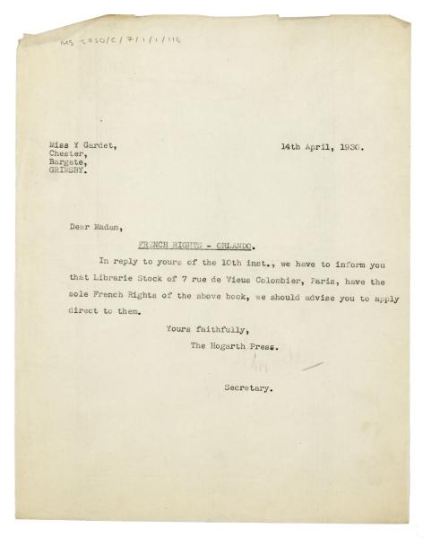Image of a Letter from The Hogarth Press to Yvonne Gardet (14/04/1930)