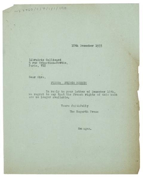 Image of a Letter from The Hogarth Press t to Librairie Gallimard (18/12/1933)
