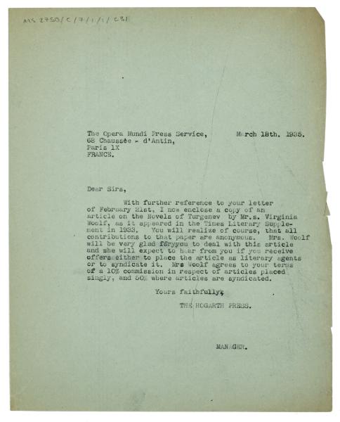 Image of a Letter from The Hogarth Press to Opera Mundi Press Service (18/03/1935)
