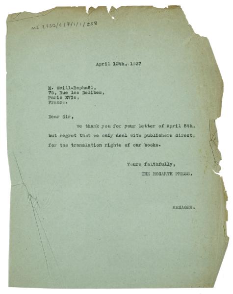Image of a Letter from Dorothy Lange at The Hogarth Press to Weill-Raphaël (12/04/1937)