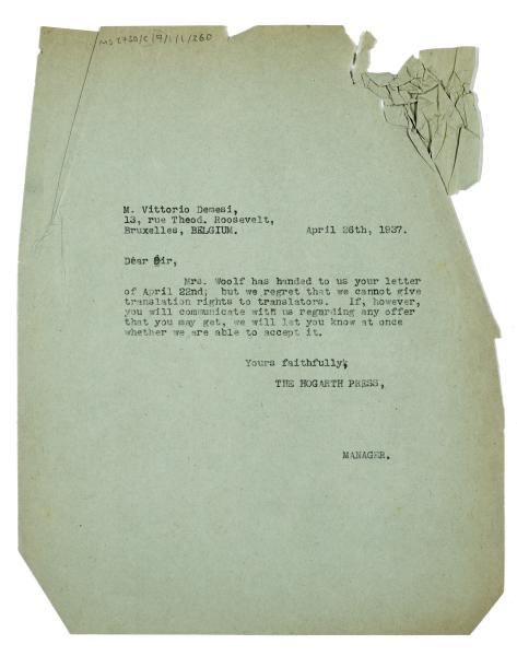 Image of a Letter from Dorothy Lange at The Hogarth Press to Vittori Demesi (26/04/1937)