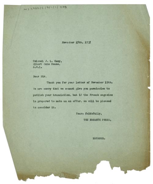 Image of a Letter from Dorothy Lange at The Hogarth Press  to J. L. Cuny (25/11/1937)