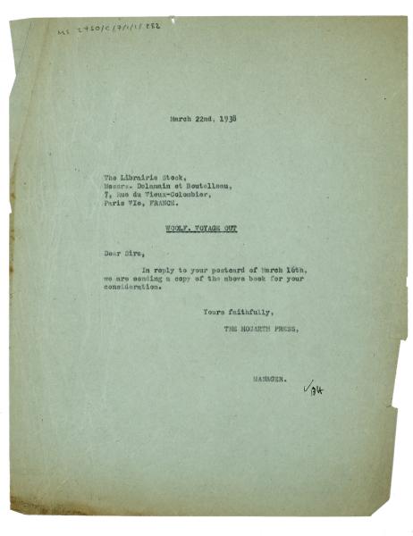 Image of a Letter from The Hogarth Press to Librairie Stock (22/03/1938)