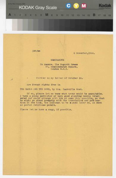 Image of a typescript memorandum from the William A. Bradley Literary Agency to The Hogarth Press (6/11/1944); page 1 of 1