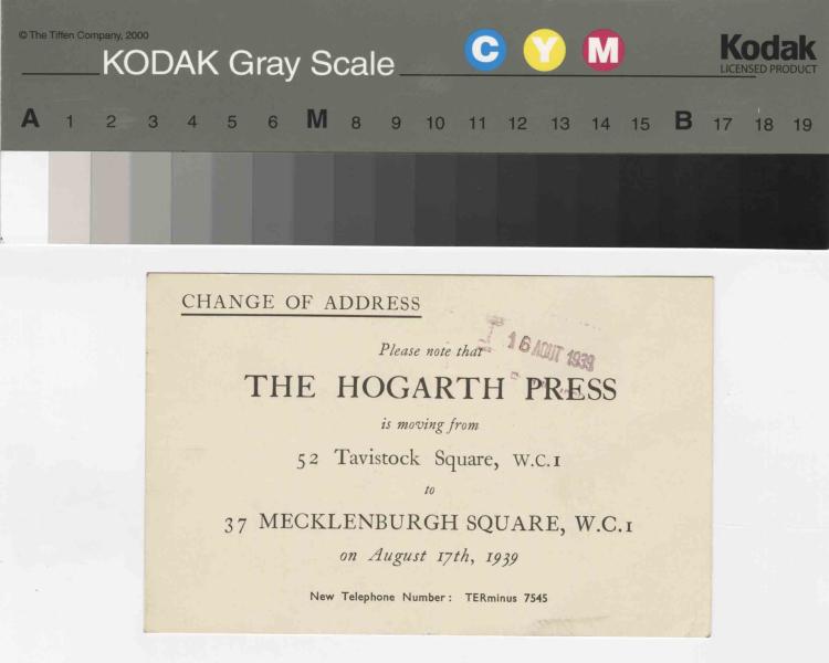 CHANGE OF ADDRESS CARD AND ENVELOPE FROM THE HOGARTH PRESS TO JENNY BRADLEY (14/8/1939)