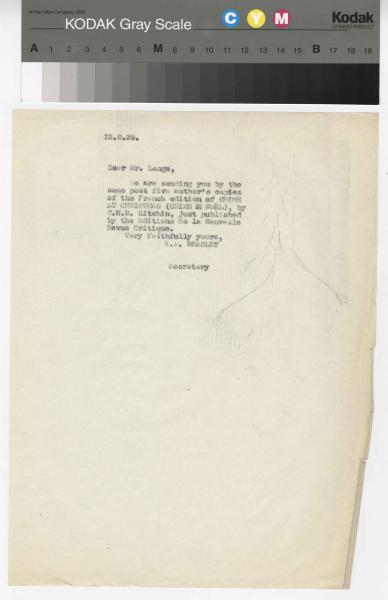 Image of a typescript letter from the William A. Bradley Literary Agency to The Hogarth Press (13/2/1939); page 1 of 1
