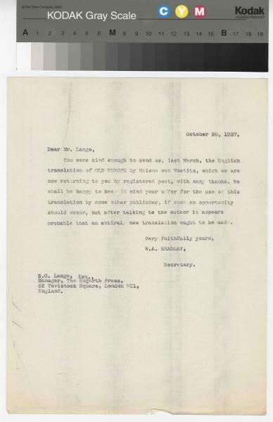 Image of a typescript letter from the William A. Bradley Literary Agency to The Hogarth Press (26/10/1937); page 1 of 1