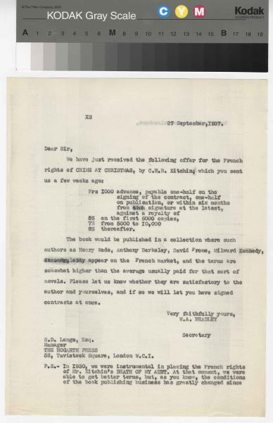 Image of a typescript letter from the William A. Bradley Literary Agency to The Hogarth Press (27/9/1937); page 1 of 2