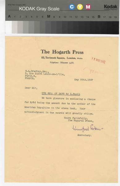 Image of a typescript letter from the William A. Bradley Literary Agency to The Hogarth Press (26/5/1937); page 1 of 1