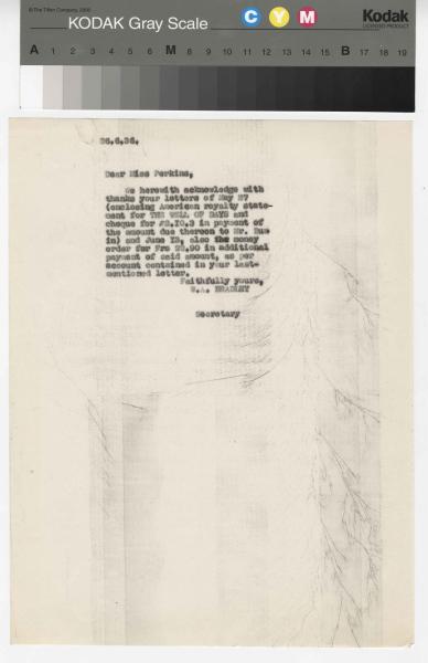 Image of a typescript letter from the William A. Bradley Literary Agency to The Hogarth Press (26/6/1936); page 1 of 1