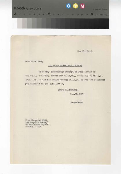 Image of a typescript letter from the William A. Bradley Literary Agency to The Hogarth Press (31/5/1935); page 1 of 1