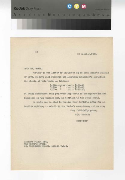 Image of a typescript letter from the William A. Bradley Literary Agency to The Hogarth Press (27/10/1934); page 1 of 1