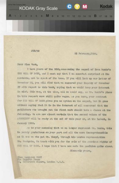 Image of a typescript letter from the William A. Bradley Literary Agency to The Hogarth Press (22/2/1934); page 1 of 1
