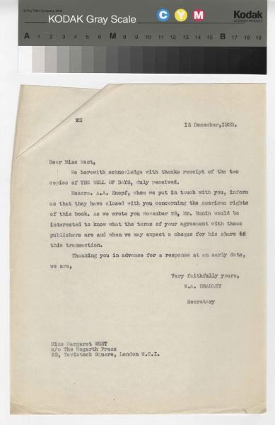 Image of a typescript letter from the William A. Bradley Literary Agency to The Hogarth Press (15/12/1933); page 1 of 1
