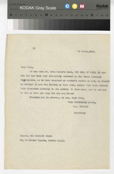 Image of a typescript letter from the William A. Bradley Literary Agency to The Hogarth Press (24/3/1933); page 1 of 1