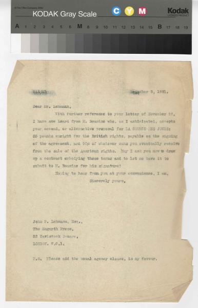 Image of a typescript letter from the William A. Bradley Literary Agency to The Hogarth Press (3/12/19431); page 1 of 1